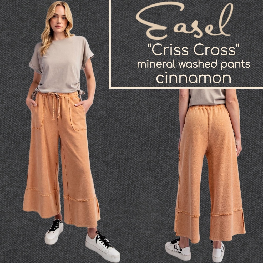 EASEL "Criss Cross" Mineral Washed Cotton Raw Seams Cropped Flared Pants Pockets